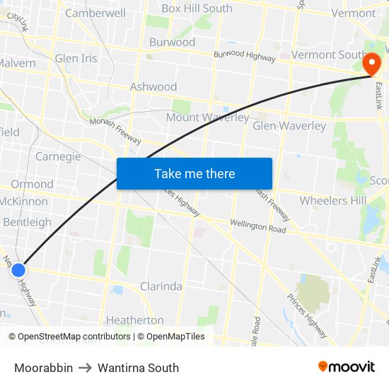 Moorabbin to Wantirna South map