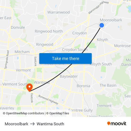 Mooroolbark to Wantirna South map