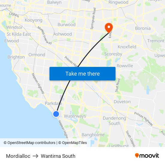 Mordialloc to Wantirna South map