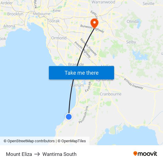 Mount Eliza to Wantirna South map