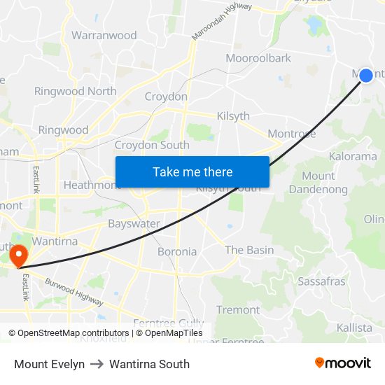 Mount Evelyn to Wantirna South map