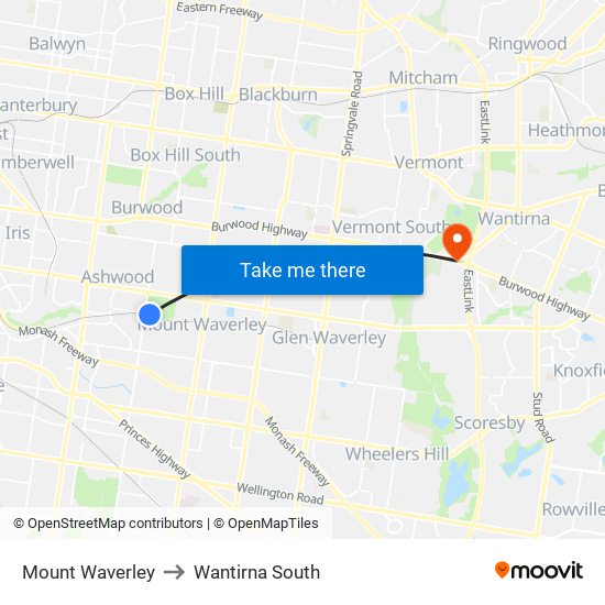 Mount Waverley to Wantirna South map