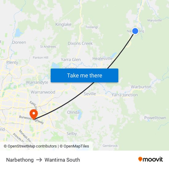 Narbethong to Wantirna South map