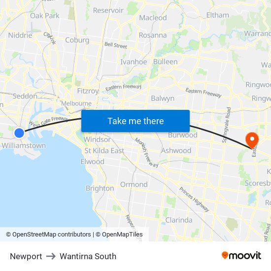 Newport to Wantirna South map