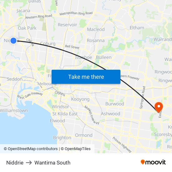 Niddrie to Wantirna South map