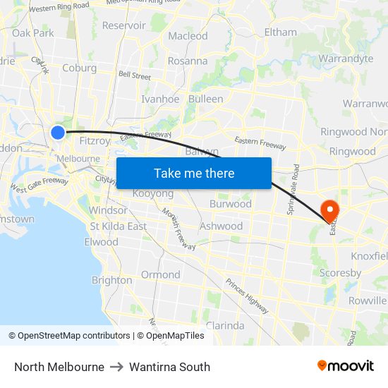 North Melbourne to Wantirna South map