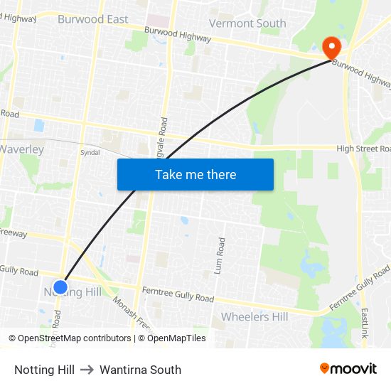 Notting Hill to Wantirna South map