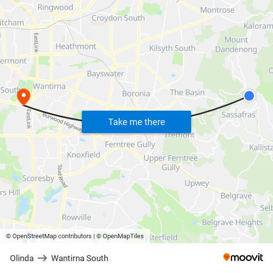 Olinda to Wantirna South map