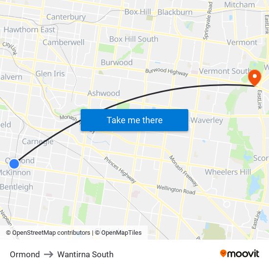 Ormond to Wantirna South map