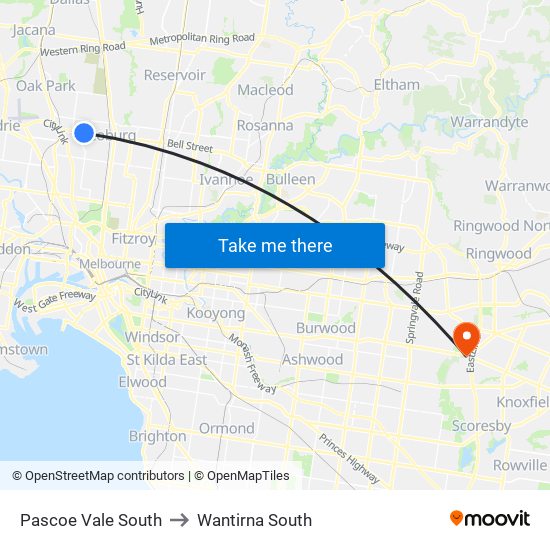 Pascoe Vale South to Wantirna South map