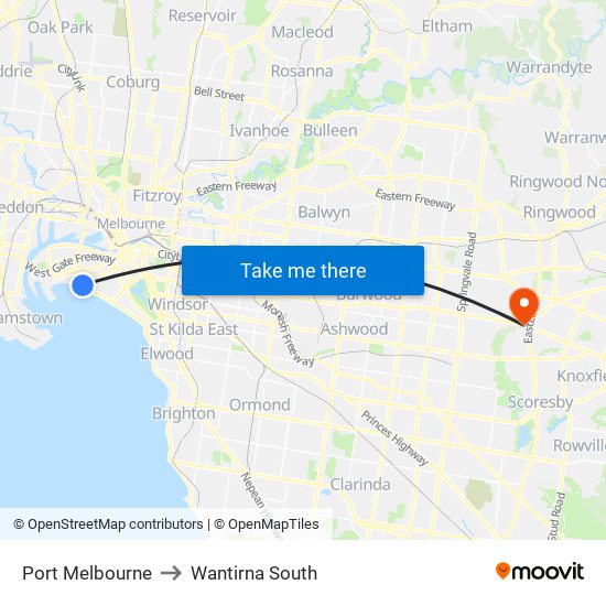 Port Melbourne to Wantirna South map