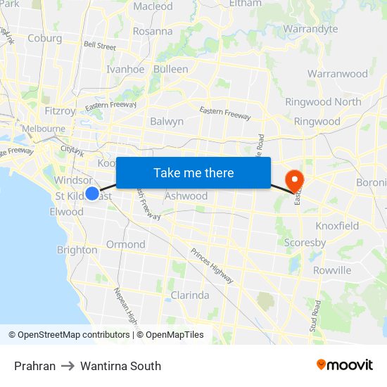 Prahran to Wantirna South map