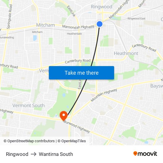 Ringwood to Wantirna South map