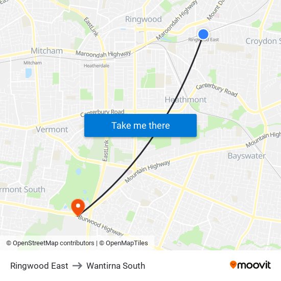 Ringwood East to Wantirna South map