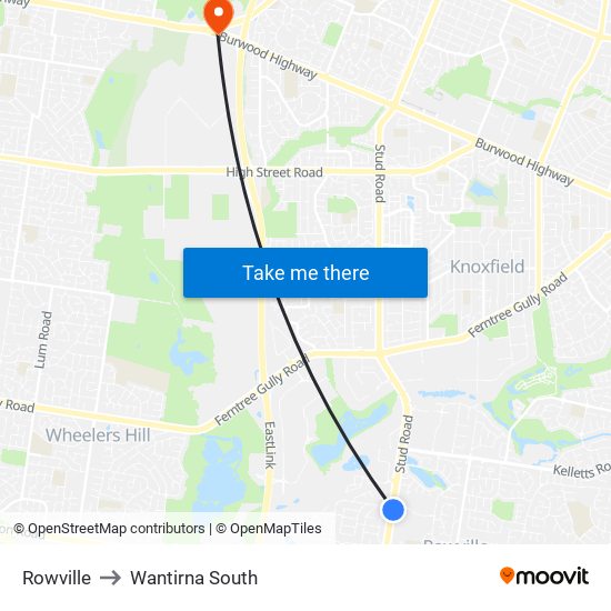 Rowville to Wantirna South map