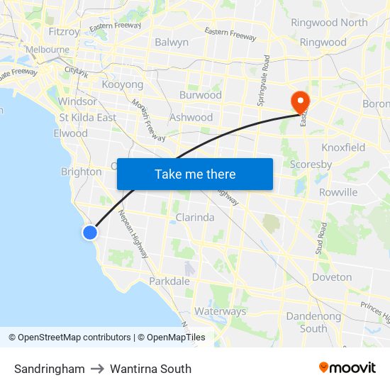 Sandringham to Wantirna South map