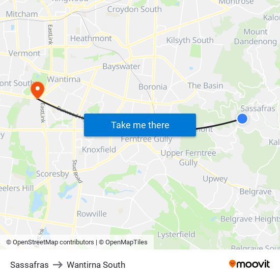 Sassafras to Wantirna South map