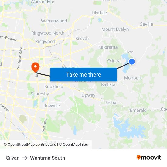 Silvan to Wantirna South map