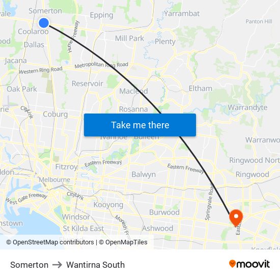 Somerton to Wantirna South map