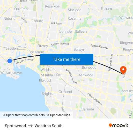 Spotswood to Wantirna South map