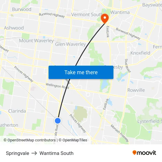 Springvale to Wantirna South map