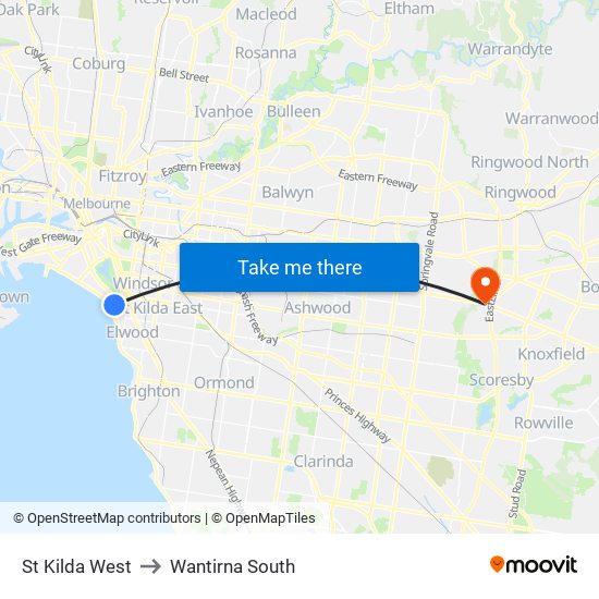 St Kilda West to Wantirna South map