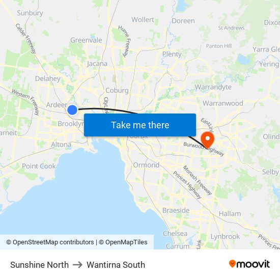 Sunshine North to Wantirna South map