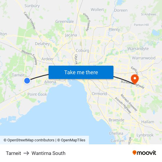 Tarneit to Wantirna South map