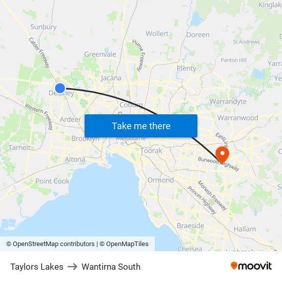 Taylors Lakes to Wantirna South map