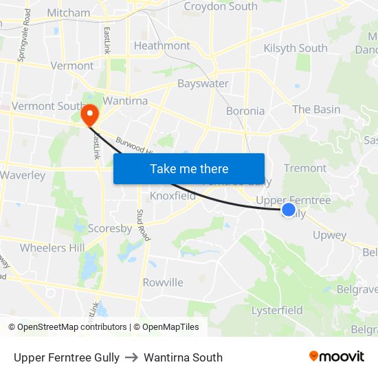 Upper Ferntree Gully to Wantirna South map