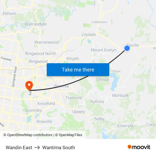 Wandin East to Wantirna South map