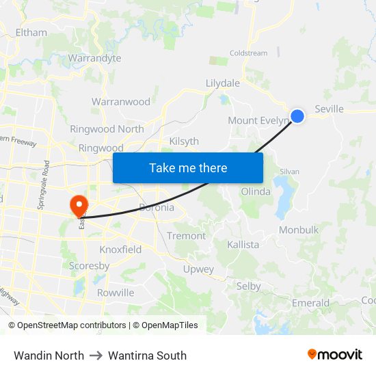 Wandin North to Wantirna South map