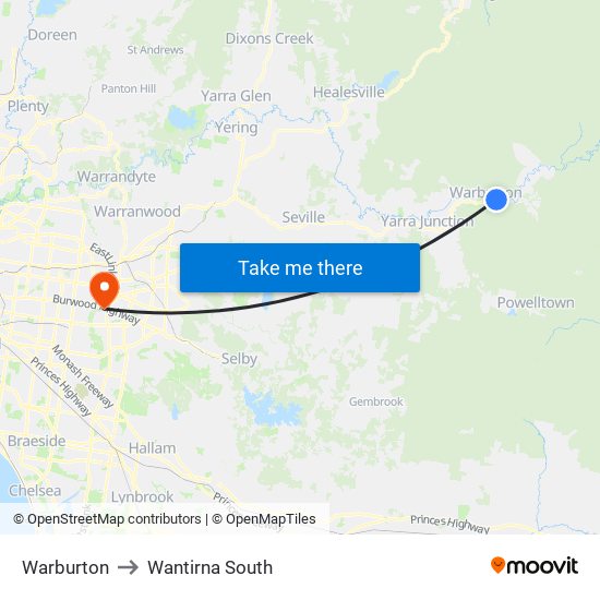 Warburton to Wantirna South map