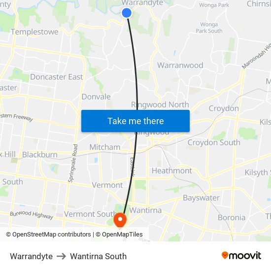 Warrandyte to Wantirna South map