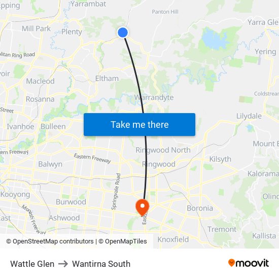 Wattle Glen to Wantirna South map