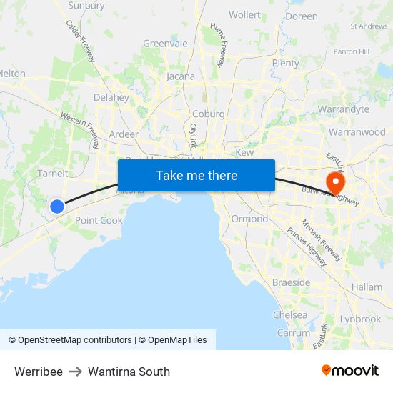 Werribee to Wantirna South map