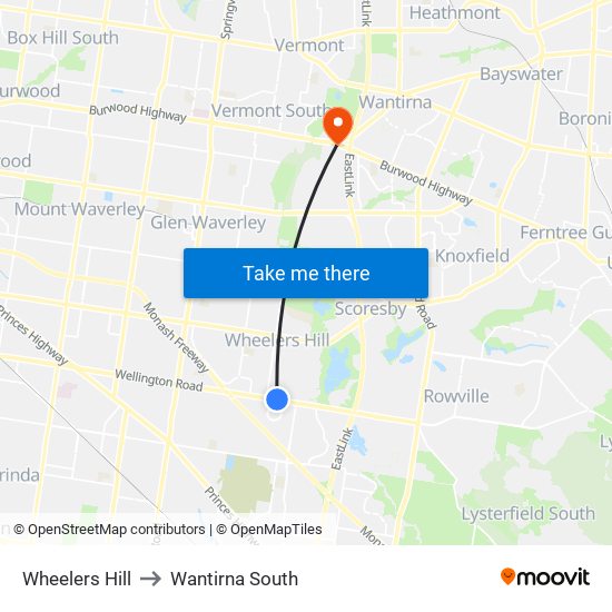 Wheelers Hill to Wantirna South map
