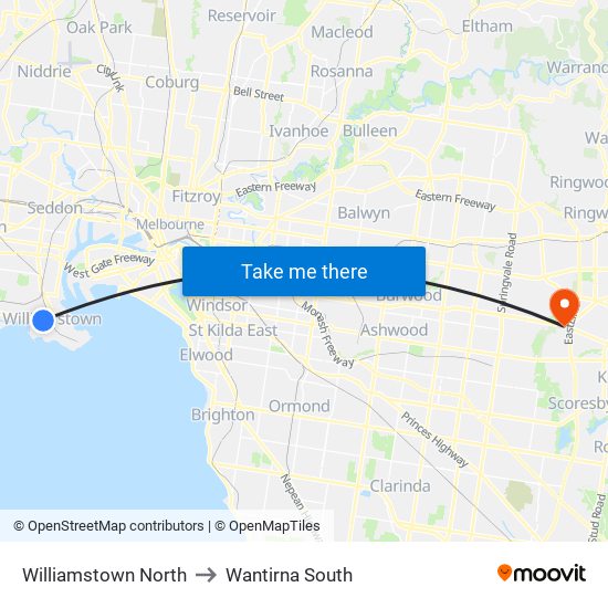 Williamstown North to Wantirna South map