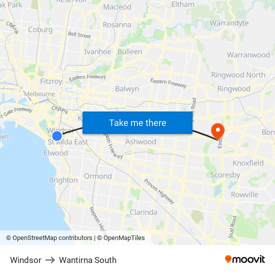 Windsor to Wantirna South map