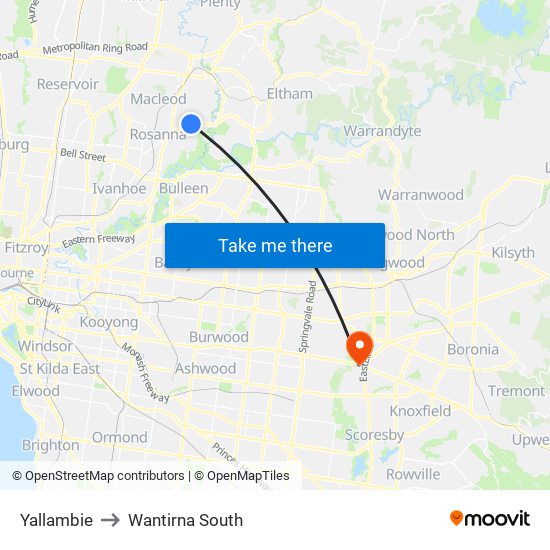 Yallambie to Wantirna South map