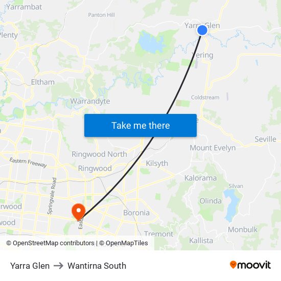 Yarra Glen to Wantirna South map