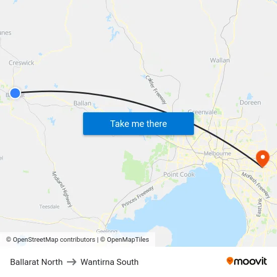 Ballarat North to Wantirna South map