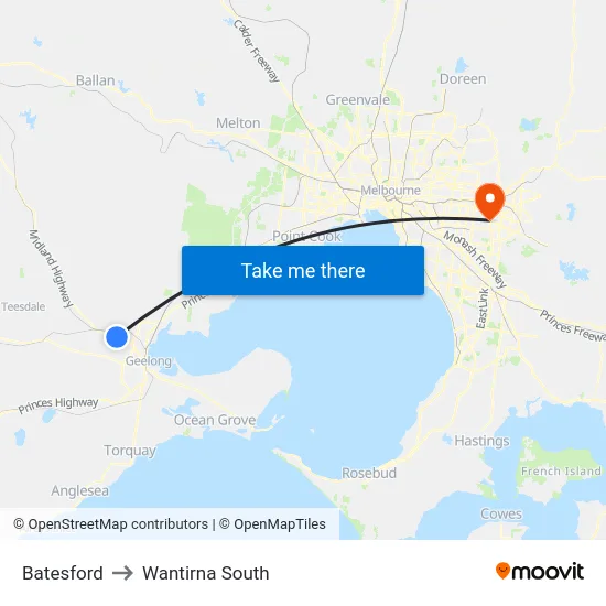 Batesford to Wantirna South map