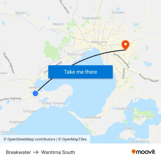 Breakwater to Wantirna South map