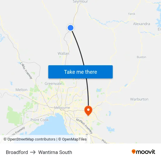 Broadford to Wantirna South map