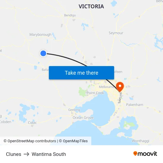 Clunes to Wantirna South map