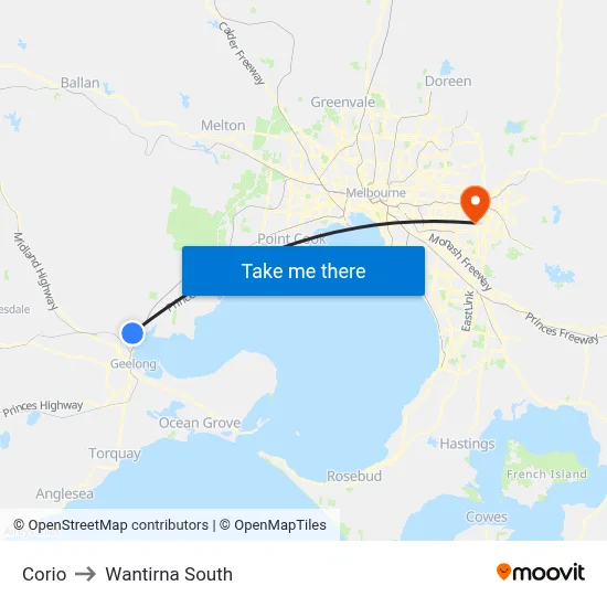 Corio to Wantirna South map