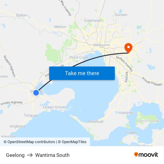 Geelong to Wantirna South map