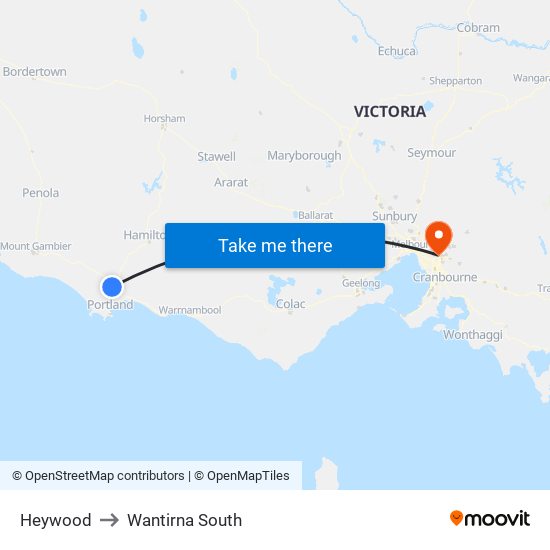 Heywood to Wantirna South map