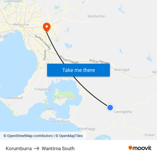 Korumburra to Wantirna South map